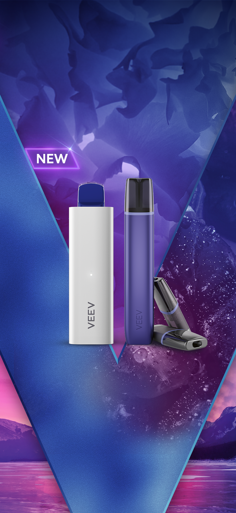 Intense fruit- VEEV NOW 5 mL and VEEV NOW device on purple background.